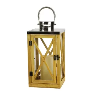 Gerson 13.5 in. Rustic Wood and Stainless Steel Lantern with LED Flameless Pillar Candle with Timer