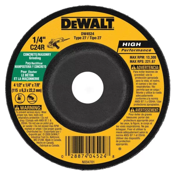 DEWALT 4-1/2 in. x 1/4 in. x 7/8 in. Concrete/Masonry Grinding Wheel