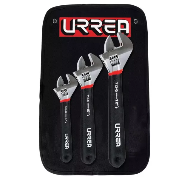URREA 8 in. - 10 in., 12 in. Rubber Grip Adjustable Chrome Wrench Set (3-Piece)